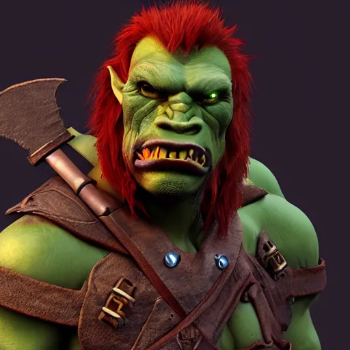 Image similar to beautiful redhead orc with warrior outfit, clash royal style characters, unreal engine 5, octane render, detailed, cinematografic, cinema 4 d