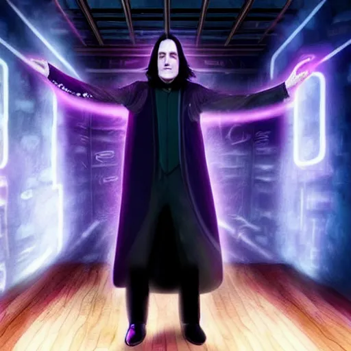 Image similar to Severus Snape dances in a bar, neon, realistic, full body, very detailed, super realistic dramatic view