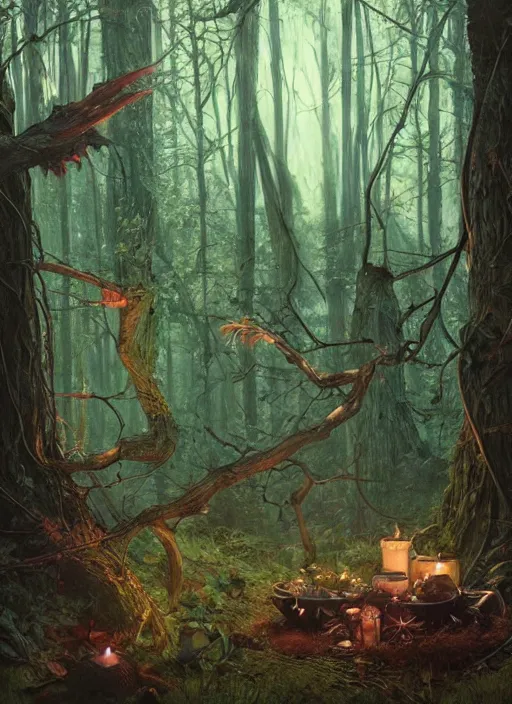 Image similar to a hyper realistic witch shrine in the woods gorgeous lighting, lush forest foliage painting by chiara bautista and beksinski and norman rockwell and greg rutkowski weta studio, and lucasfilm