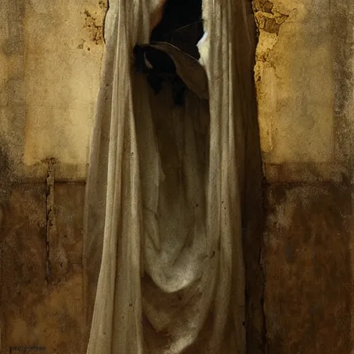 Image similar to hooded gaunt figure in long grungy decaying baptismal robes before a congregation of crows by nicola samori and tadema by greg rutkowski by alphonse mucha
