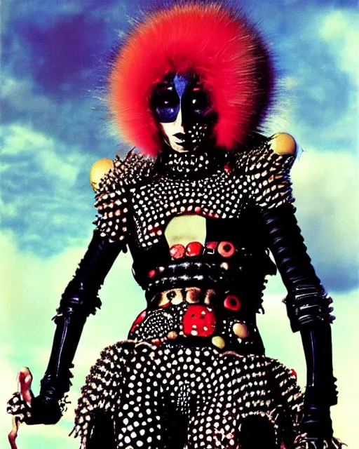 Prompt: portrait of a skinny punk goth yayoi kusama wearing armor by simon bisley, john blance, frank frazetta, fantasy, thief warrior, colourful fur!!