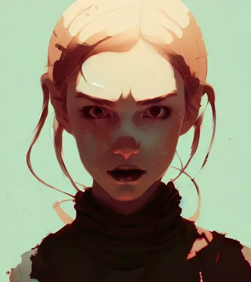 Image similar to portrait of a girl possessed by demon by atey ghailan, by greg rutkowski, by greg tocchini, by james gilleard, by joe fenton, by kaethe butcher, dynamic lighting, gradient light blue, brown, blonde cream and white color scheme, grunge aesthetic