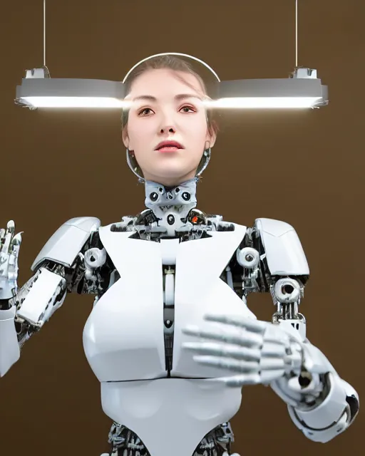 Prompt: blissful young woman with solarpunk mecha humanoid robotic parts with bright led lights, real human face, pudica pose gesture, by michelangelo, in white room, ultra - realistic and intricate, portrait shot 8 k