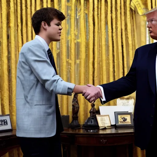 Image similar to donald trump and magnus carlsen shaking hands