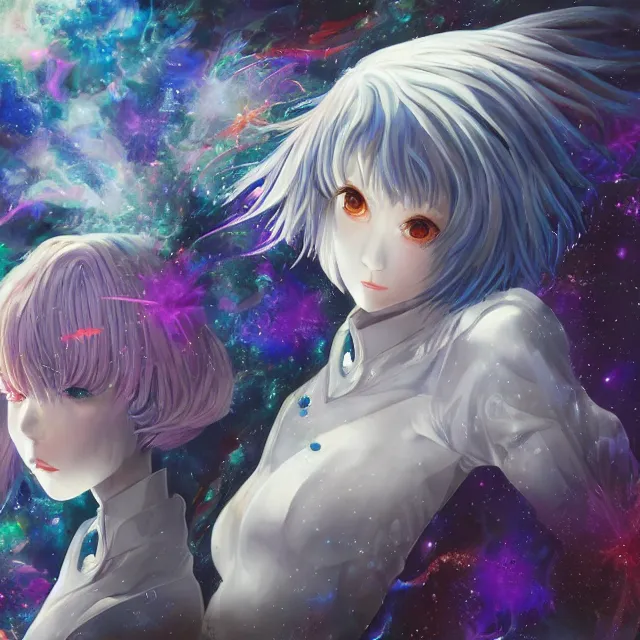 Prompt: rei ayanami, deep space, seascape, grimes, lain iwakura, silver hair, johfra bosschart, usagi, cut anime maid, cosmos, psychedelic flowers, black opal, rainbow aura quartz, organic, oni compound artwork, of character, render, artstation, portrait, wizard, beeple, art, fantasy, epcot, psychedelic glitchcore