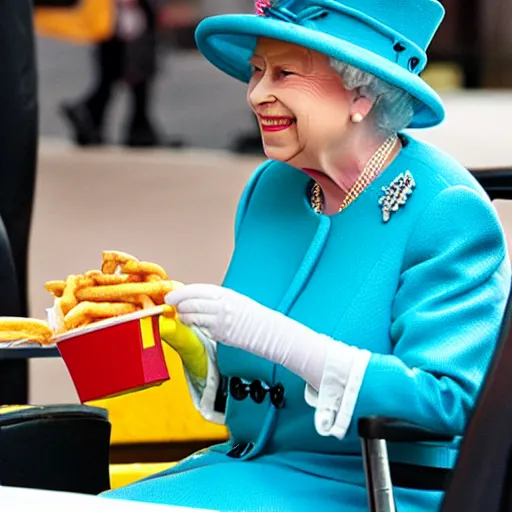 Image similar to the Queen eating a McDonald's happy meal