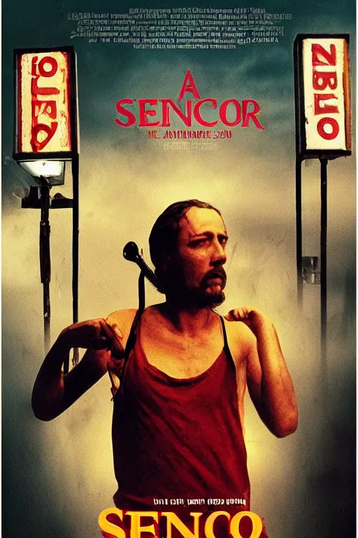 Prompt: an award - winning movie poster for a movie called senor featuring a junkie making a payphone call in a thunderstorm in queens at night in the 1 9 9 0 s