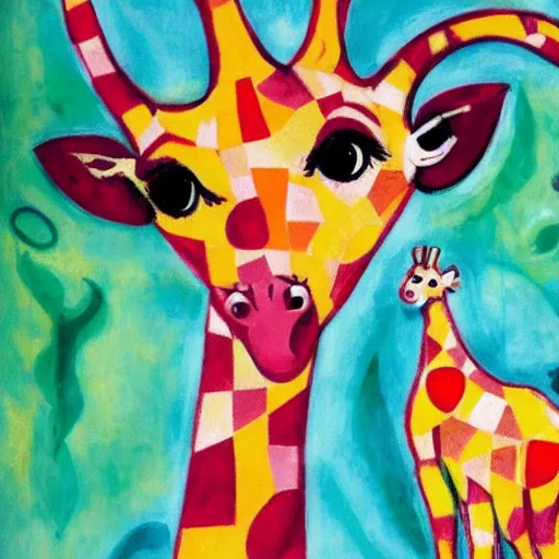 Prompt: a giraffe in the style of a Chagall window