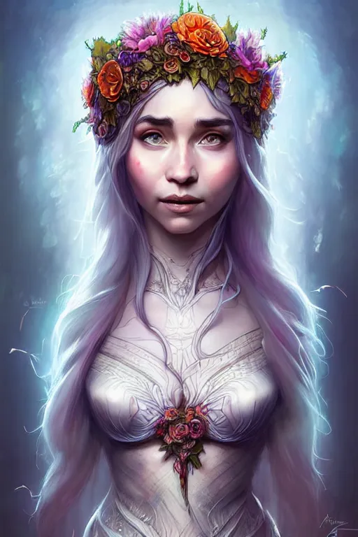 Prompt: digital art, centered full body elven bride with the face of emilia clark, vivid flower crown ,intricate, veins, by James Jean and by artgerm, by ross tran , ultradetailed, charachter design, concept art, trending on artstation,