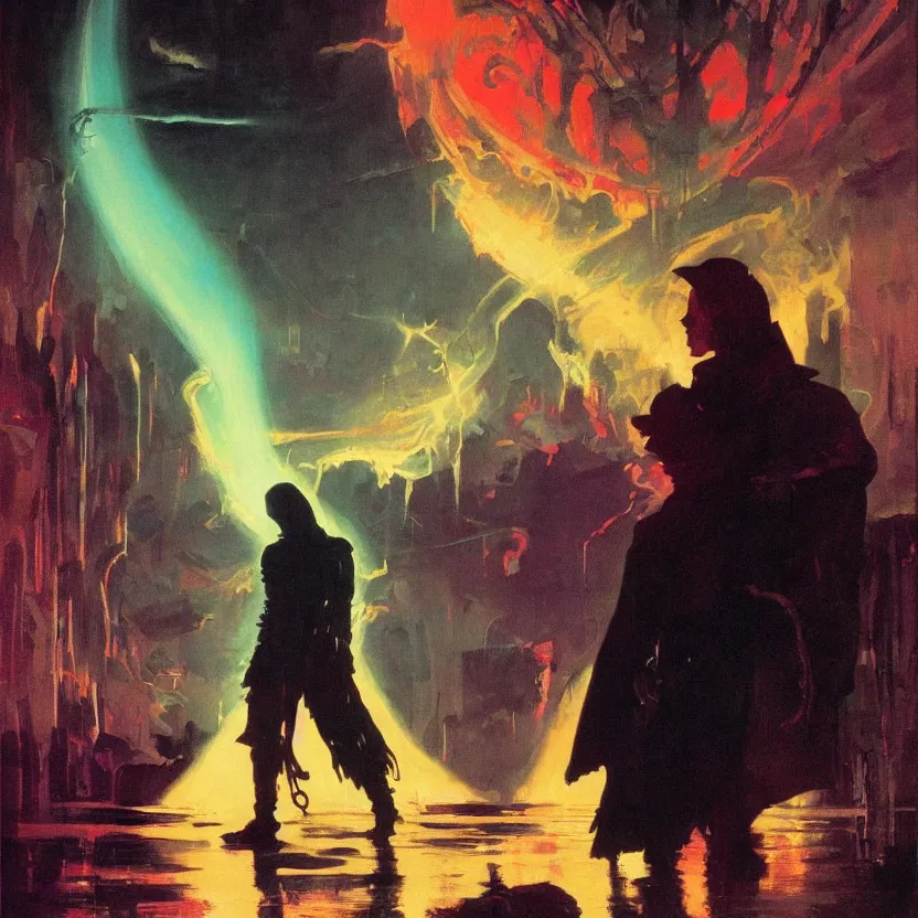 Image similar to a dark and colorful portrait of a silhouetted sci - fi wizard opening floodgates. glowing fog in the background. highly detailed science fiction painting by norman rockwell, frank frazetta, and syd mead. rich colors, high contrast, gloomy atmosphere, dark background. trending on artstation