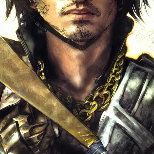 Prompt: portrait of a hero holding his sword in front of his face by yoji shinkawa, high quality, extra details, realism, ornate, colored, golden chain, blood, white skin, short hair, brown eyes, vivid, sunlight, dynamic, american man, freedom, heroism