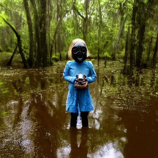 Prompt: thin little girl in a swamp wearing old gas mask. Water to her knees. Bayou. Dark Green forest. Foggy. Fireflies fly around