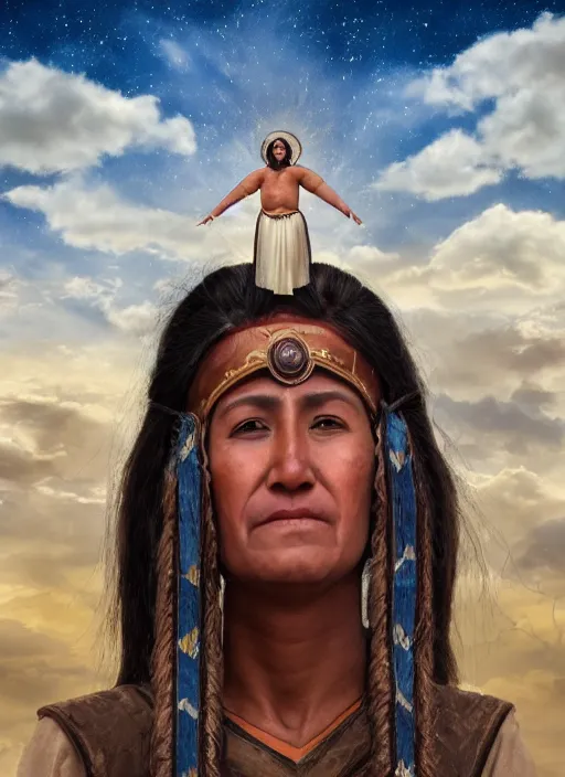 Image similar to incan female priest starring at the sky, with arms up, praying at the sky, realistic face, matte painting, fantasy art