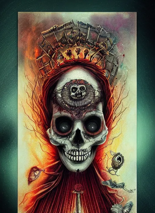 Image similar to queen of heats death tarot card, highly detailed, half skull face, cinematic, 8 k, bymegan duncanson, benjamin lacombe, naoto hattori, adrian borda, giger, trending on deviantart, hyper detailed, horror, full of colour