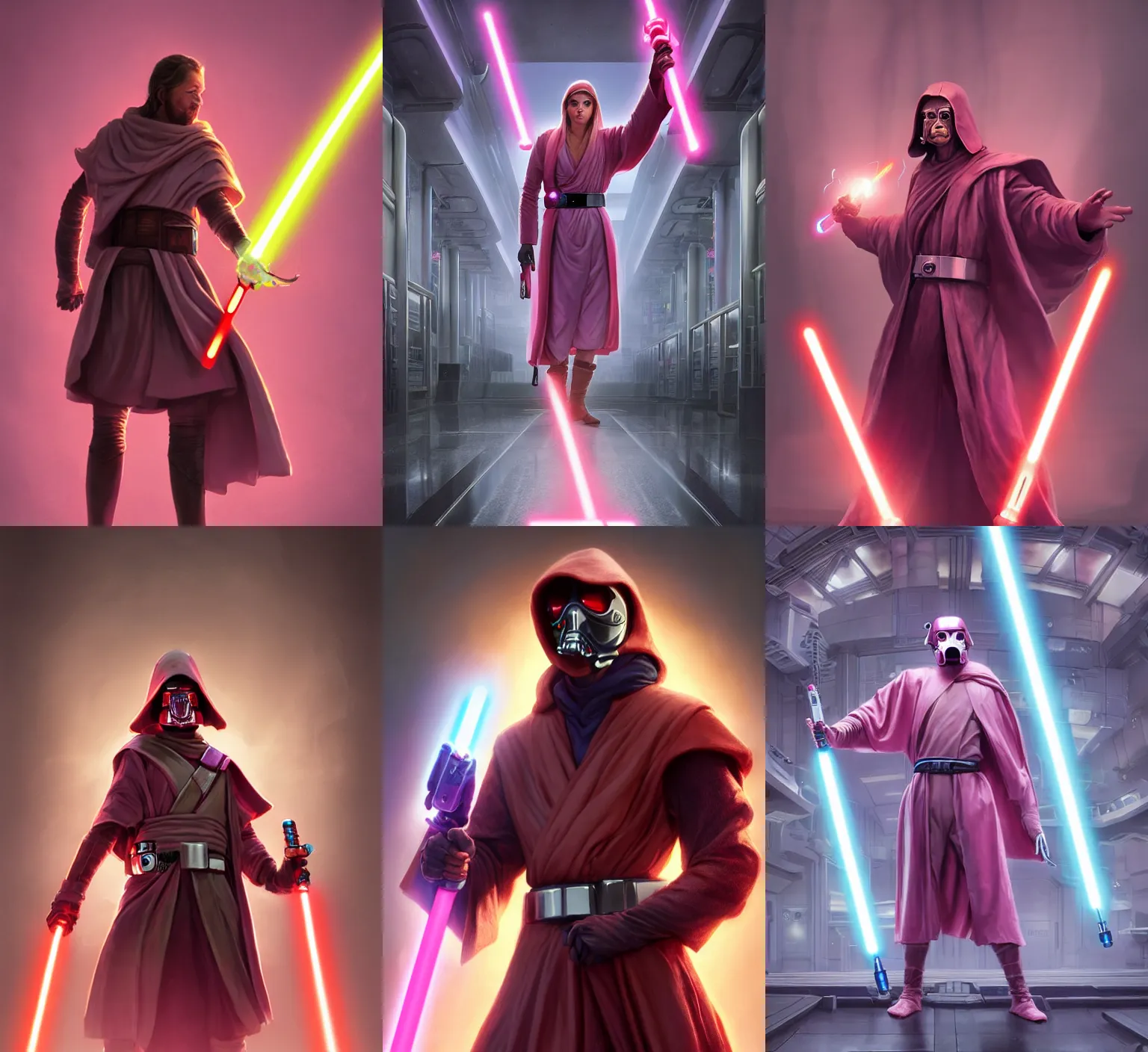 Prompt: portrait, anthropomorphic flamingo wearing Jedi robes wielding a pink lightsaber in a cybertech library. Dramatic lighting, cinematic, establishing shot, extremely high detail, photo realistic, post processed, artstation, matte painting, style by eddie mendoza, raphael lacoste, alex ross