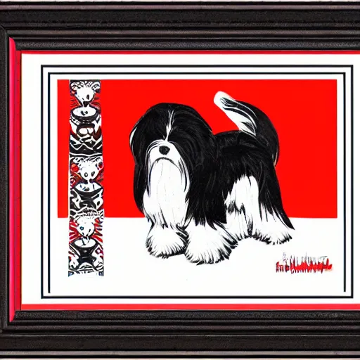 Image similar to Tlingit Haida lithographic, havanese dog red and black white only, lithograph print