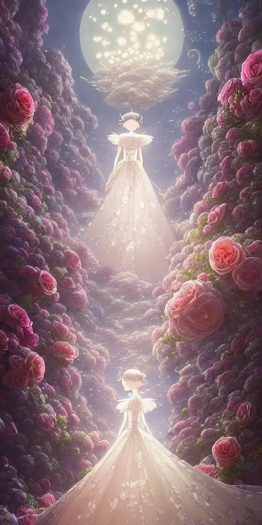 Image similar to the beautiful hyper detailed of a rose wedding dress fashion show display in the fairyland surrounded by white clouds, in the style of makoto shinkai victo ngai and peter mohrbacher studio ghibli artgerm karol bak beeple, animation style, 8 k hd, dream, ultra wide angle, animation style, 3 drender, hyperdetailed