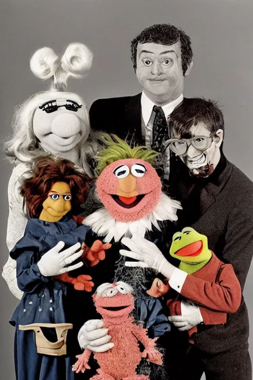 Image similar to muppet family photo, 1 9 6 0 s, olan mills studio, creepy, scary, laughing, color, grotty, ugly, terrified, brian froud