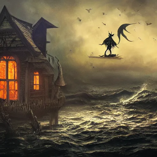 Image similar to a scary witch on a broom in front of a witch house which is made out of candy, floating on the ocean, epic scene, fantasy, cinematic, hyper - detailed, in the style of greg rutkowski