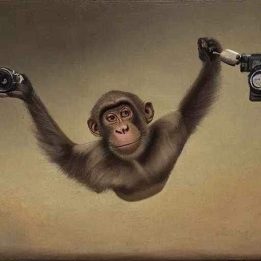 Image similar to a monkey holding camera in an oil painting, running freely, high detail, high polygon-W 768