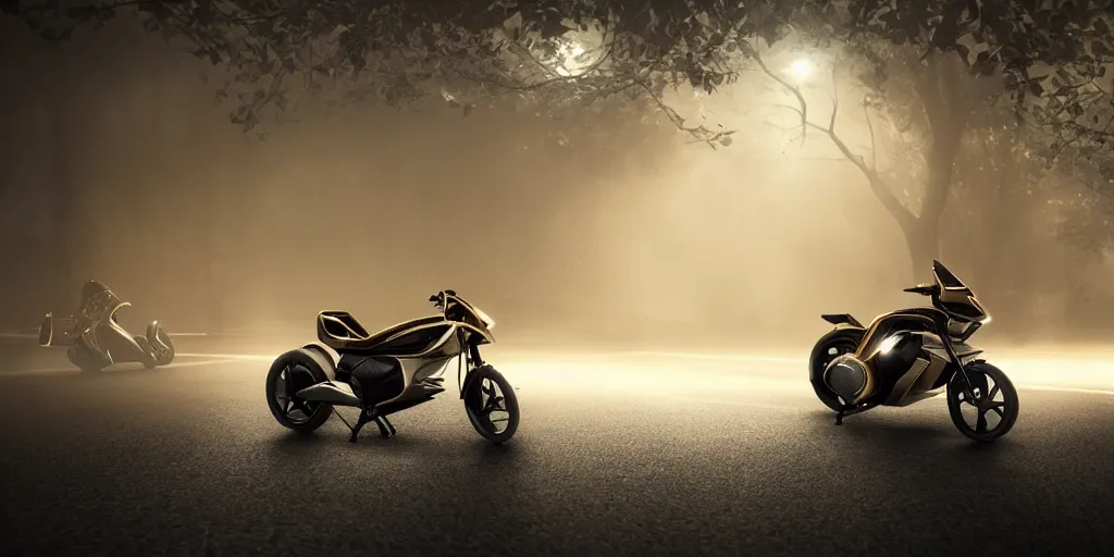 Image similar to parked Tron motorcycle, fog, rain, volumetric lighting, beautiful, golden hour, sharp focus, highly detailed, cgsociety