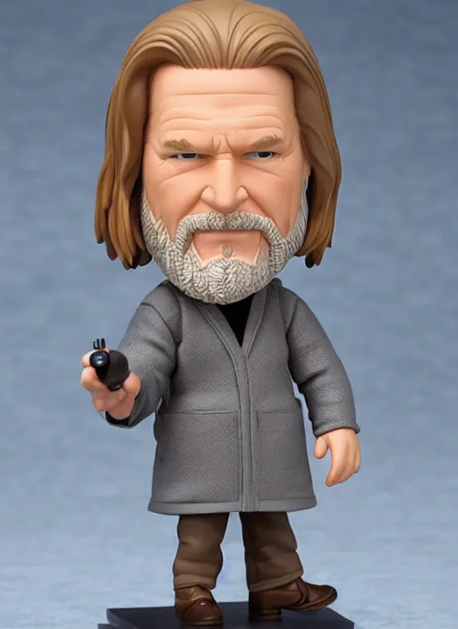 Image similar to jeff bridges, a nendoroid of jeff bridges figurine, bathrobe, the big lebowski, realistic face, detailed product photo