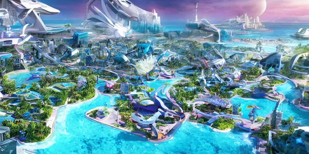 Image similar to futuristic paradise, real life picture, futuristic