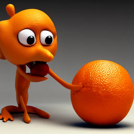 Prompt: hyper realistic 3 d render of an anthropomorphic orange eating another orange