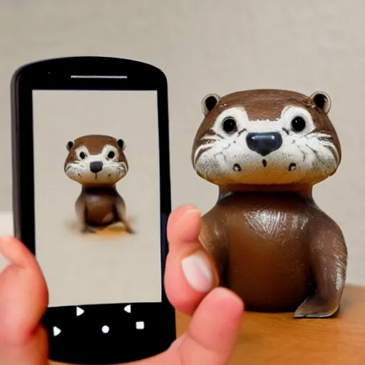 Image similar to a cute anthropomorphic otter using an android phone at home