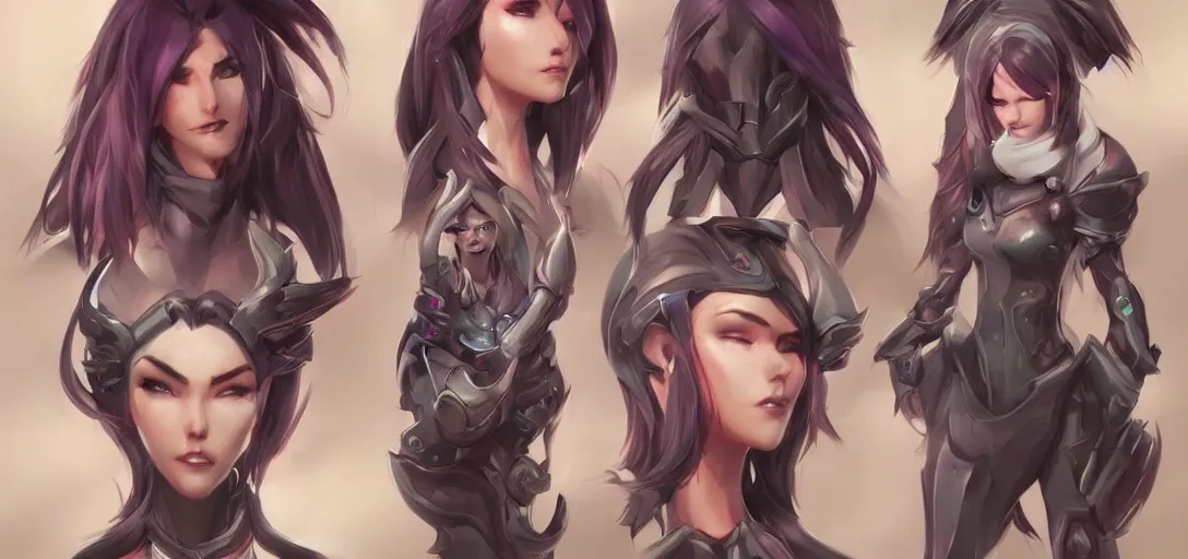 Image similar to concept art of female video game characters head designs, demonic, unique hairstyles, overwatch by marc brunet and artgerm