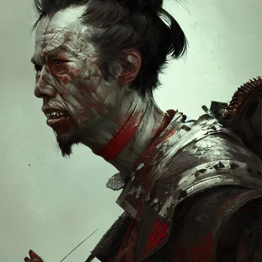 Image similar to Sickly diseased dying Samurai warrior, portrait by Cedric Peyravernay, highly detailed, excellent composition, cinematic concept art, dramatic lighting, trending on ArtStation