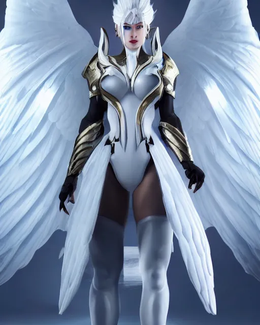 Image similar to perfect white haired egyptian goddess with huge white dove wings, warframe armor, attractive, beautiful, symmetric, dreamy, half asian, pretty face, blue eyes, detailed, scifi platform, laboratory, experiment, 4 k, hyper realistic, epic lighting, android body, illuminated, cinematic, masterpiece, art by akihito tsukushi, voidstar