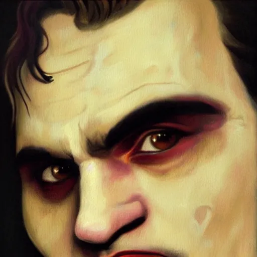 Image similar to Painting of Joaquin Phoenix as the Joker. Art by william adolphe bouguereau. During golden hour. Extremely detailed. Beautiful. 4K. Award winning.