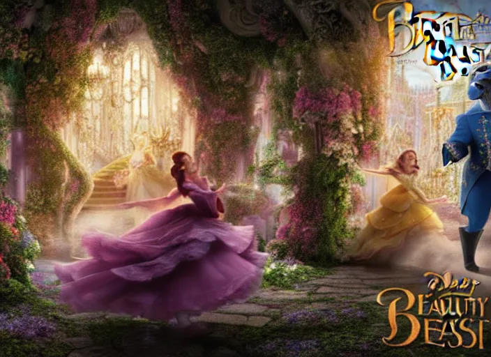 Image similar to digital art of beauty and the beast in the magical forest 4k