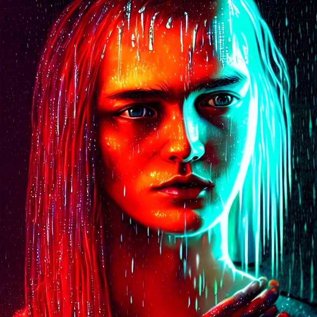 Image similar to bright asthetic portrait LSD glowing backlit rain on face and wet hair, cyberpunk, overhead lighting, fantasy, intricate, elegant, dramatic lighting, highly detailed, lifelike, photorealistic, digital painting, artstation, illustration, concept art, smooth, sharp focus, art by John Collier and Albert Aublet and Krenz Cushart and Artem Demura and Alphonse Mucha