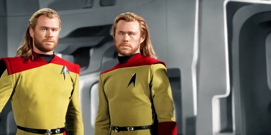 Image similar to Thor, in starfleet uniform, in the role of Captain Kirk in a scene from Star Trek the original series