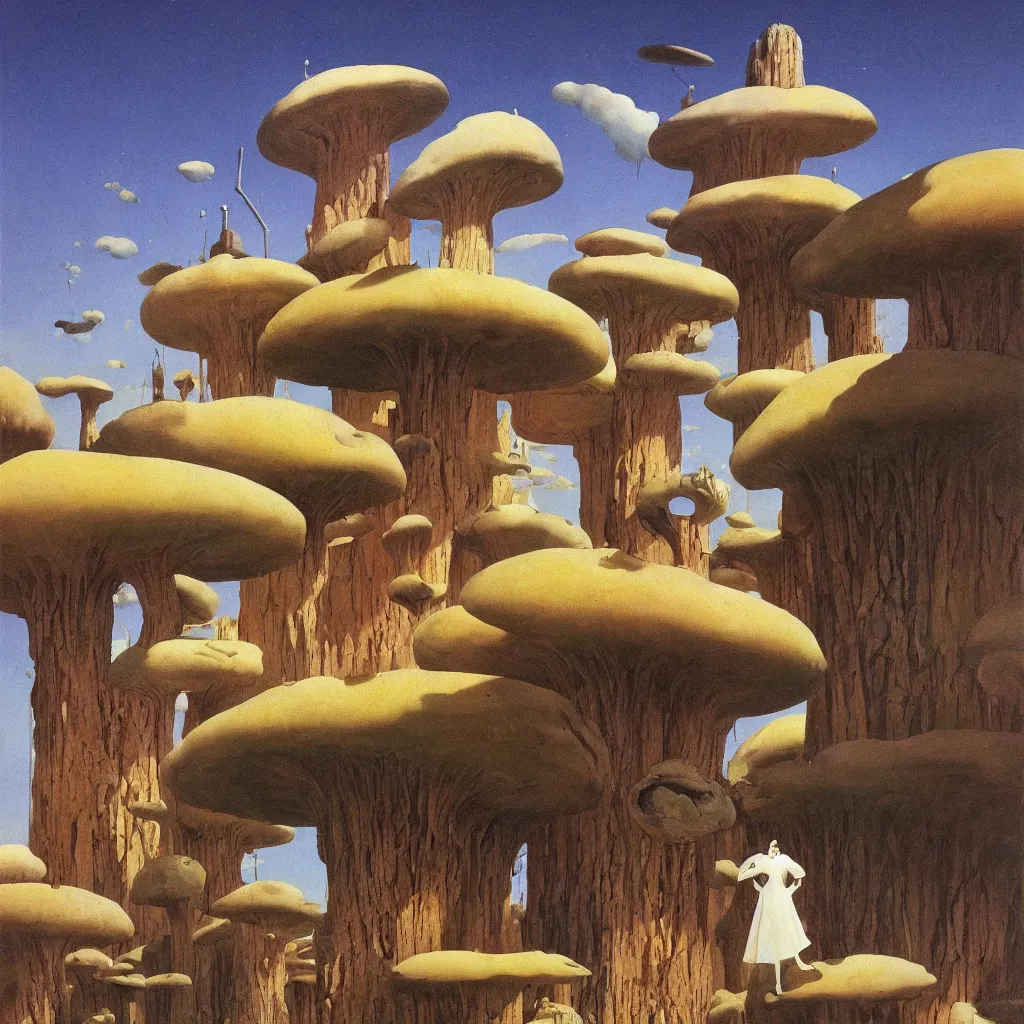 Image similar to a single! colorful!! fungus tower clear empty sky, a high contrast!! ultradetailed photorealistic painting by dean ellis, roger dean and giorgio de chirico, hard lighting, masterpiece