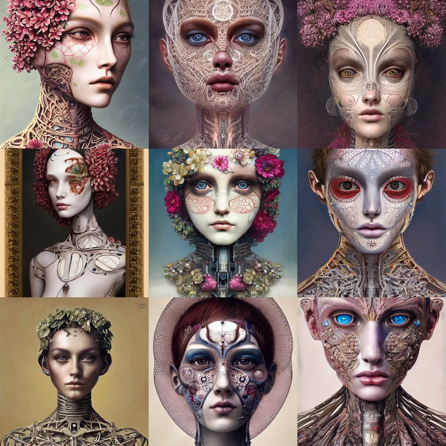 Prompt: humanoid robot, skin flower pattern, highly detailed, expressive eyes, beautiful symmetric body, perfect proportions, highly intricate, art by tom bagshaw and alex gray