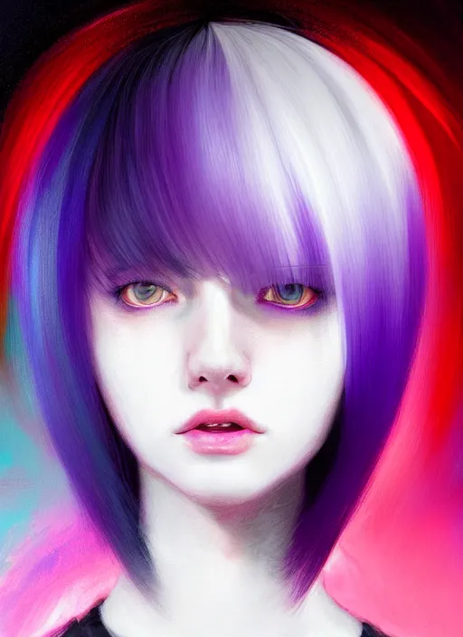 Image similar to hair whitebangs hair, black hair, whitebangs, portrait of teenage girl with white bangs, red irises, purple clothes, white bangs, bangs are different color from hair, intricate, elegant, glowing lights, highly detailed, digital painting, artstation, concept art, smooth, sharp focus, illustration, art by wlop, mars ravelo and greg rutkowski