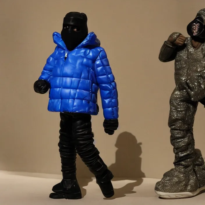 Prompt: kanye west, a goodsmile figure of kanye west using a full face covering black mask, a small, tight, child size reflective bright blue round puffer jacket made of nylon and big black balenciaga rubber boots, figurine, detailed product photo