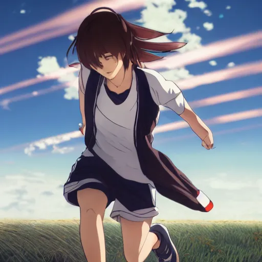 Prompt: a girl is running, sport clothing, kaze ga tsuyoku fuiteiru, anime style, brown short hair, hair down, symmetrical facial features, from arknights, hyper realistic, rule of thirds, extreme detail, detailed 4 k drawing, trending pixiv, realistic lighting, by alphonse mucha, greg rutkowski, shoulder eyes, backlit