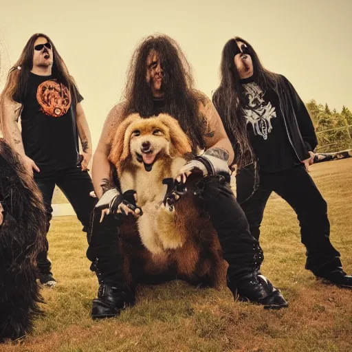 Image similar to of an heavy metal band whose members are cute animals, hyper realistic, 8 k