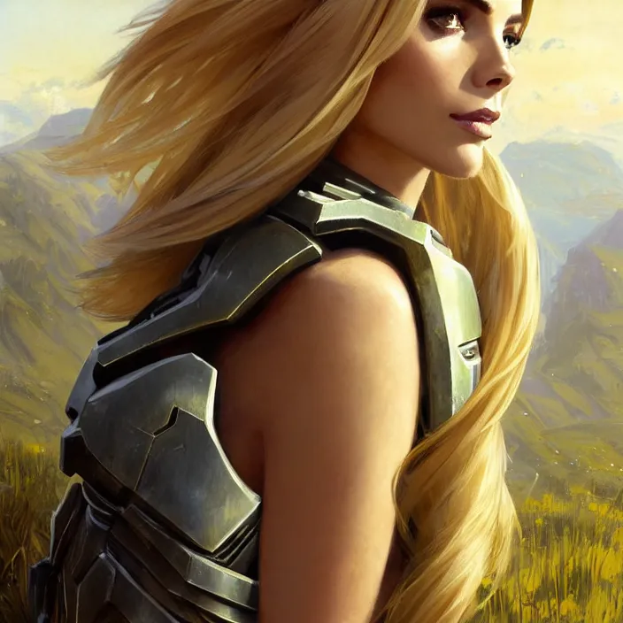 Image similar to portrait of a combination of Ashley Greene, Victoria Justice and Adriana Dxim, Grace Kelly and Lily Collins with blond hair wearing Forerunner armor from Halo, countryside, calm, fantasy character portrait, dynamic pose, above view, sunny day, thunder clouds in the sky, artwork by Jeremy Lipkin and Giuseppe Dangelico Pino and Michael Garmash and Rob Rey and Greg Manchess and Huang Guangjian, very coherent asymmetrical artwork, sharp edges, perfect face, simple form, 100mm