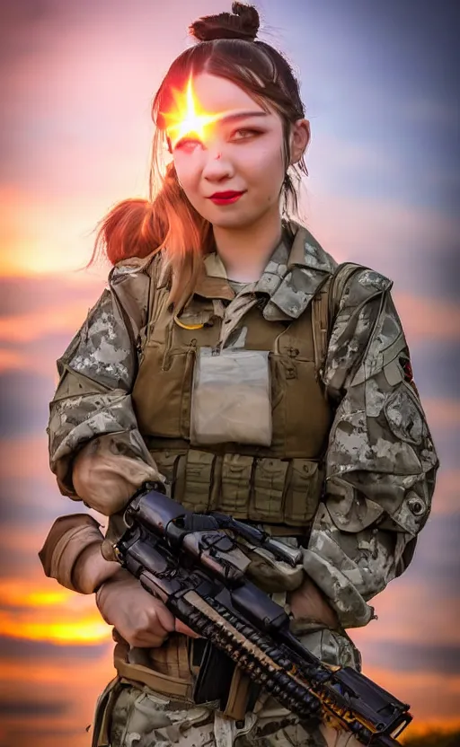 Image similar to portrait photo, highly detailed, high resolution, cosplay photo, stunning, real sunset, inspired by girls frontline, bokeh soft, 100mm, trending on instagram, by professional photographer, realistic human anatomy, smiling face, realistic military carrier, soldier clothing, modern warfare, realistic guns, cinematic shot, shot with a canon