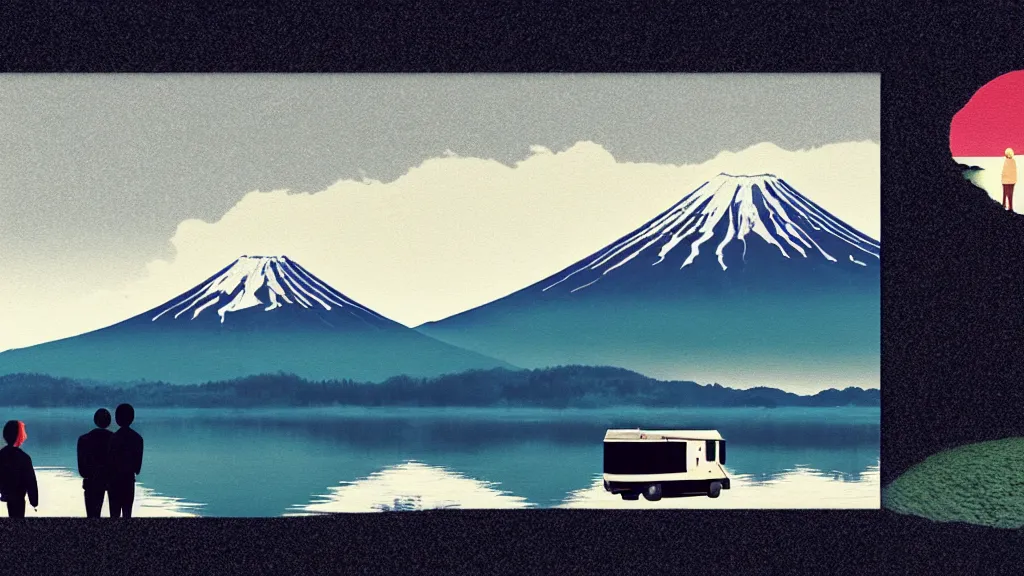 Image similar to an overlook scene of two travellers and their camper, at the edge of yamanaka lake reflecting mount fuji overcast sky, a collage painting, in the style of wes anderson, lola dupre, david hockney, isolated on negative white space background dark monochrome neon spraypaint accents volumetric octane render