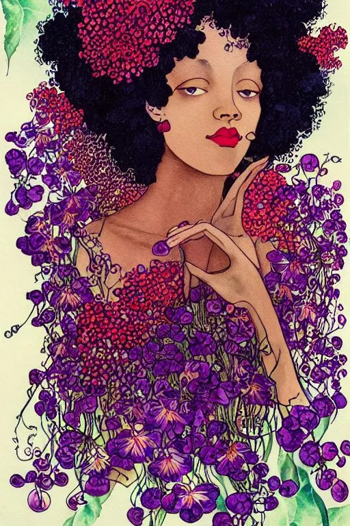 Prompt: realistic face of beautiful black woman with curly hair with red and purple flowers growing around, flower frame, detailed art by kay nielsen and walter crane, illustration style, watercolor