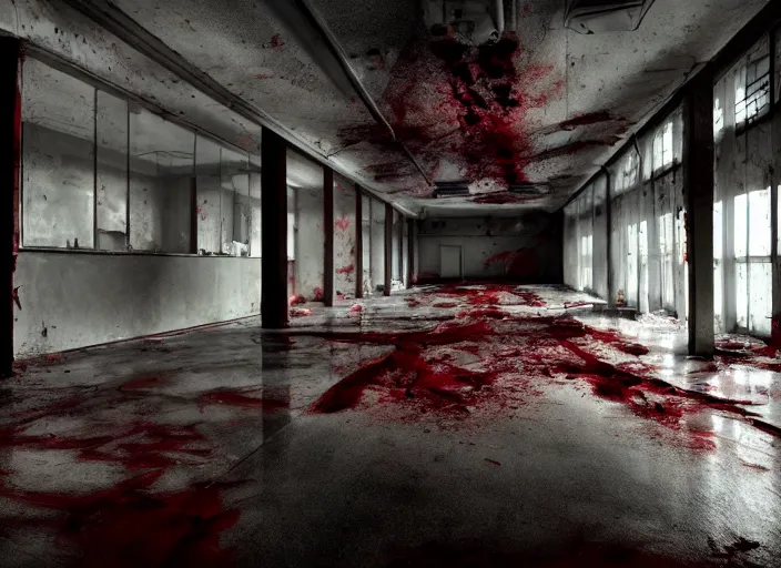 Prompt: dark, abandoned laboratory, puddles of blood on the floor, blood stains on the walls, gruesome, low brightness, cinematic lighting