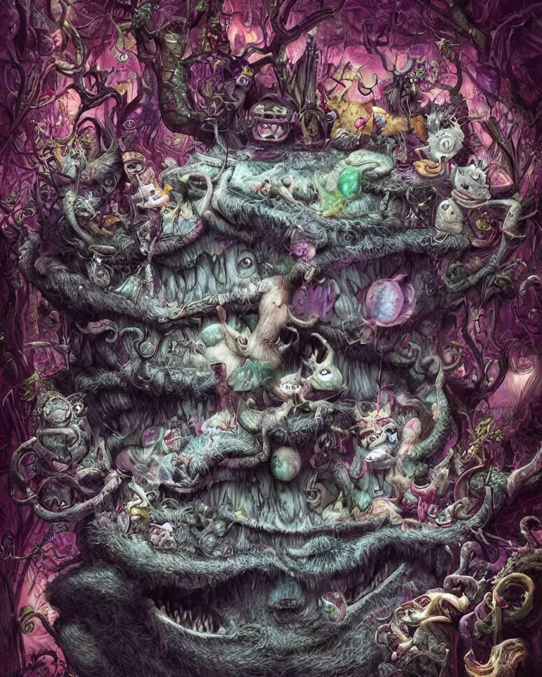 Prompt: Hyperdetailed Fear and Loathing in Wonderland Cheshire Cat fantasy art by Nekro and Seb McKinnon, unstirred paint, vivid color, cgsociety 4K.