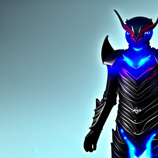 Prompt: High Fantasy Kamen Rider, single character full body, 4k, glowing eyes, daytime, rubber suit, dark blue segmented armor, dragon inspired armor, centered