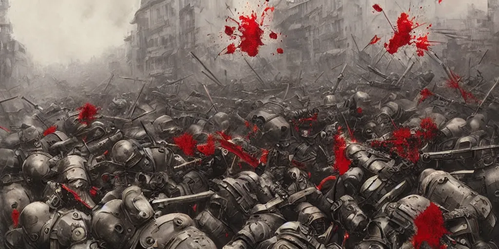 Prompt: demonic samurai robot slaughtering french soldiers and civilians in the interbellum paris, very detailed painting, concept art, intense heavy street battle, pile of bodies, a lot of blood on the streets, art by jakub rozalski